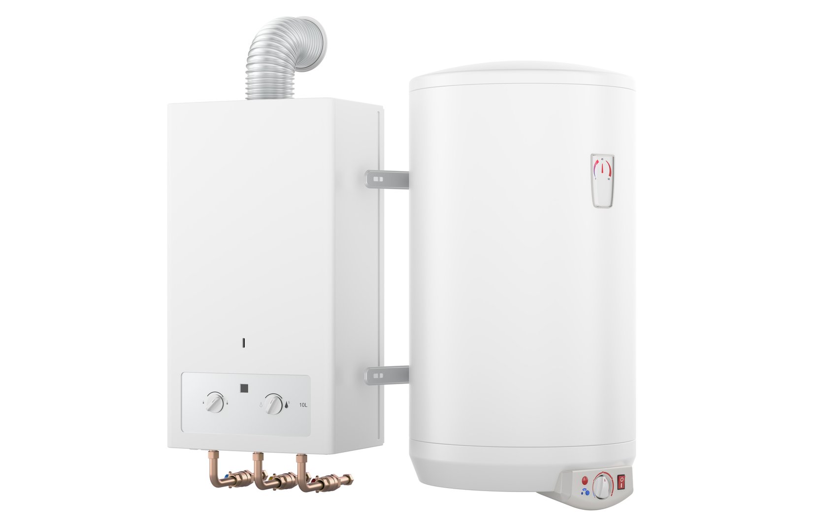 Gas water heater and electric boiler. 3D rendering isolated on white background