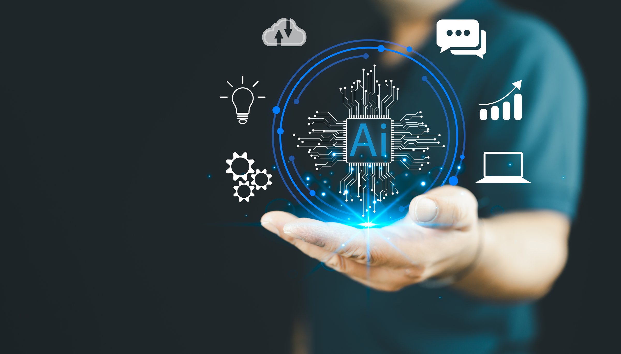 Man using technology generative AI for working tools. Chat with AI, using technology smart robot AI, artificial intelligence to generate something or Help solve work problems