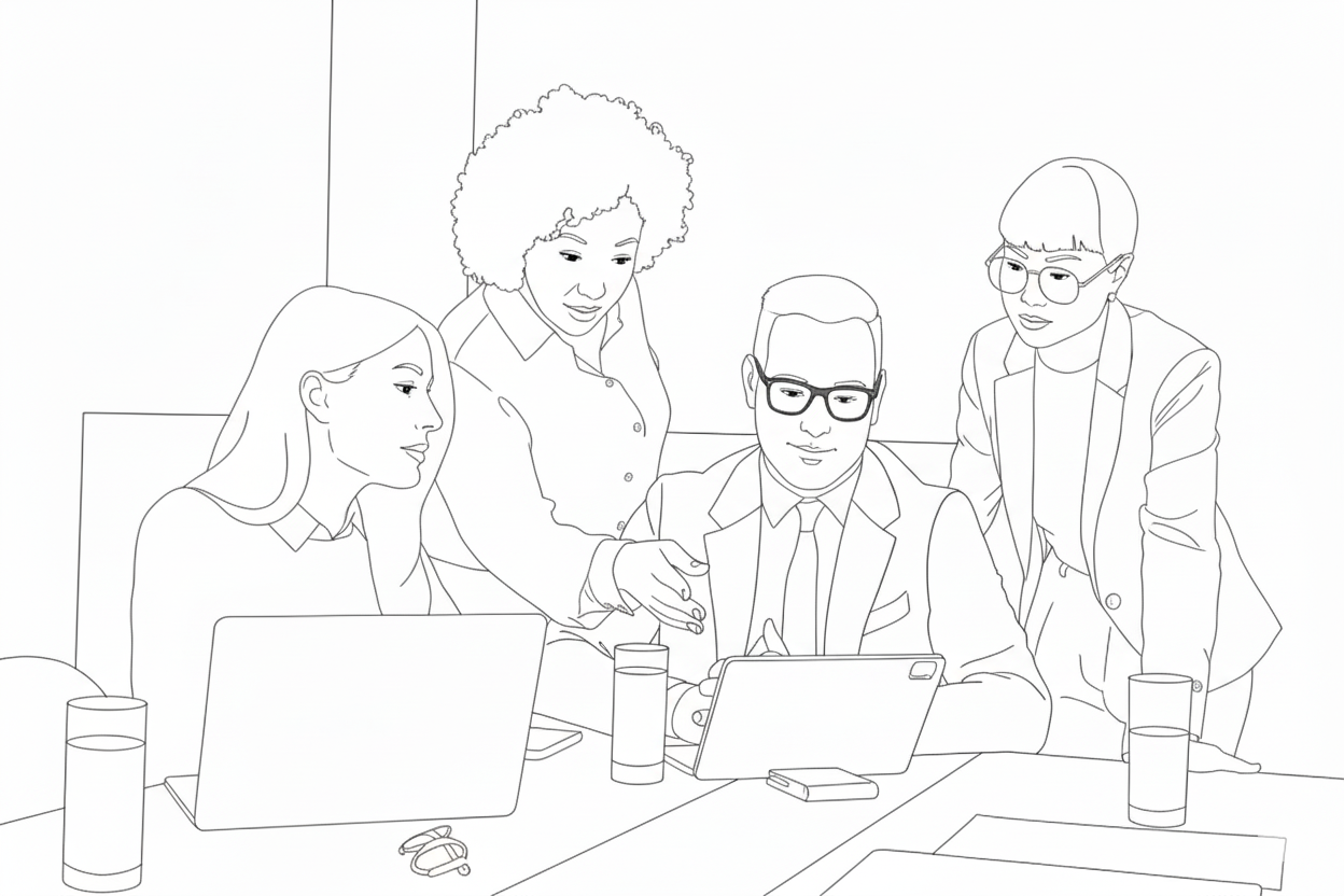 Professionals collaborate in a modern office environment with laptops and tablets, fostering teamwork and productivity. Participants engage in discussions and planning activities while showcasing a business-oriented atmosphere.