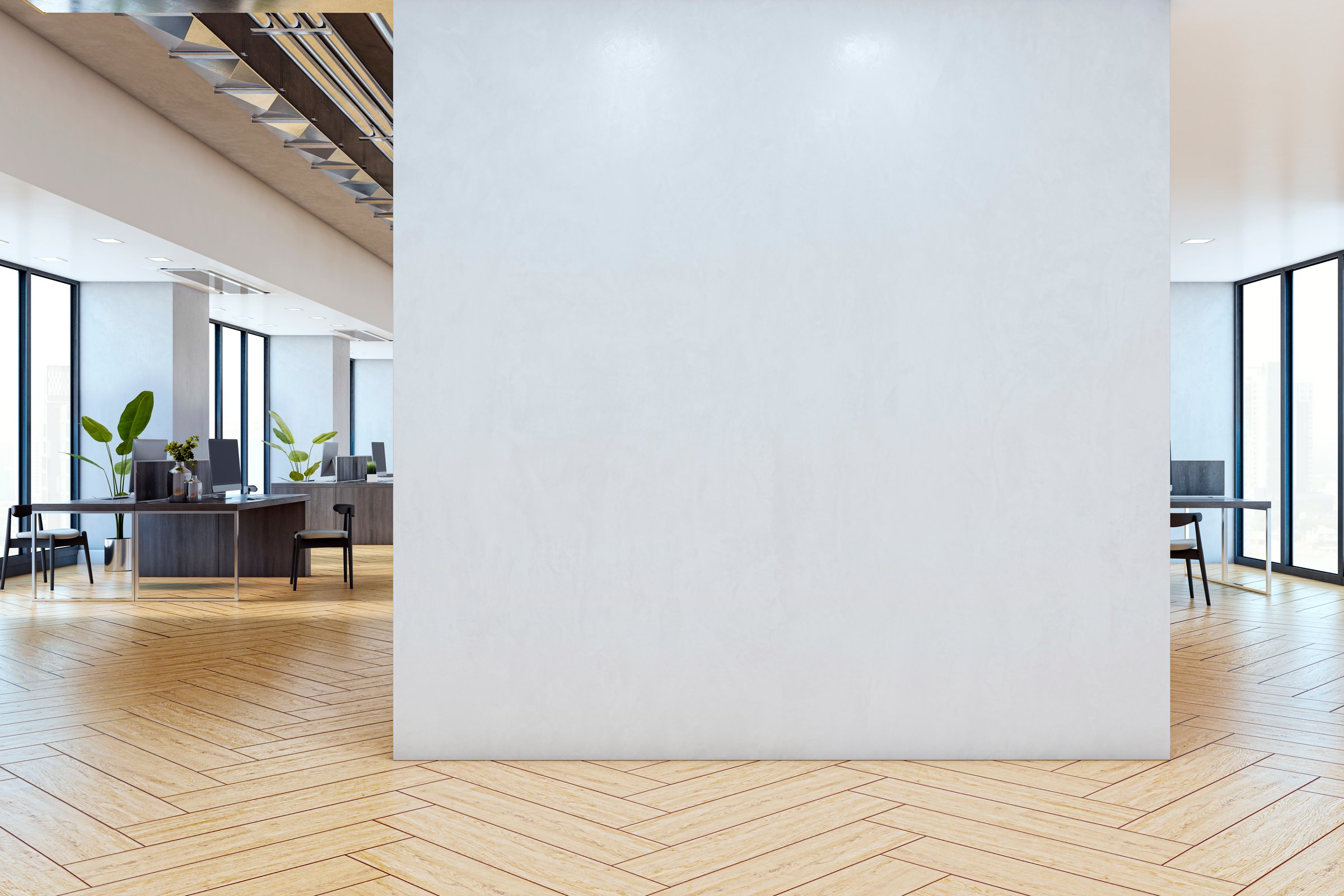 Empty white wall in modern office with wooden floor, glass windows, city view and desks, ideal for poster or logo mockup. 3D Rendering