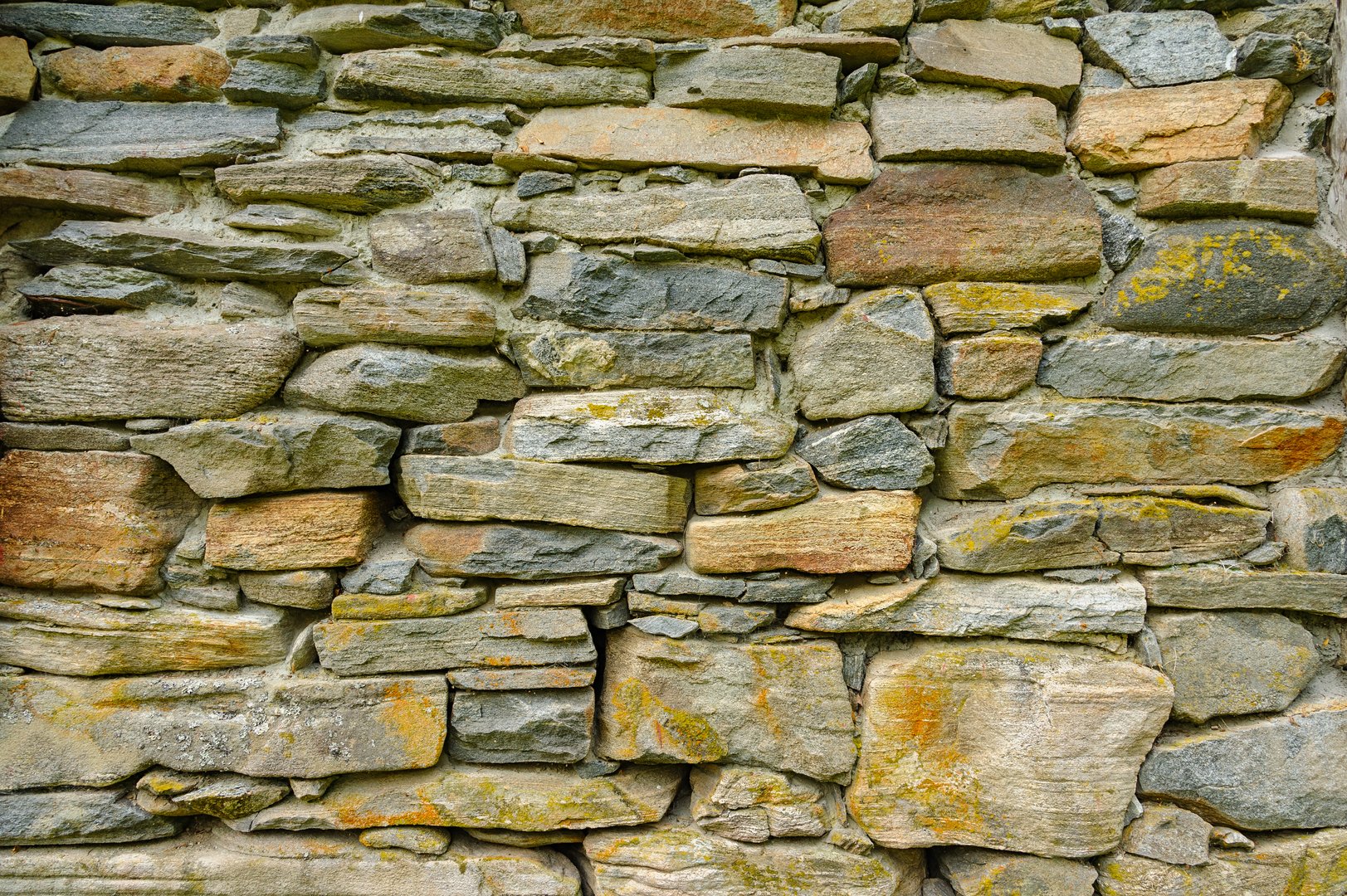 A close-up view of a rugged stone wall showcases an array of colors and textures, highlighting the natural beauty of individual stones illuminated in daylight.
