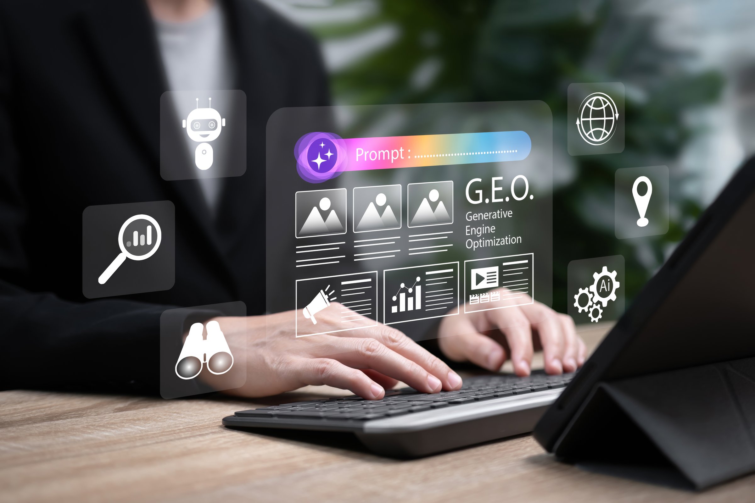 Generative Engine Optimization (GEO) Concept, Businesswoman using AI Technology for Proactive Search Ranking,Website Data Network Intelligence, Digital Assistant,Online SEO Innovation,Marketing Growth