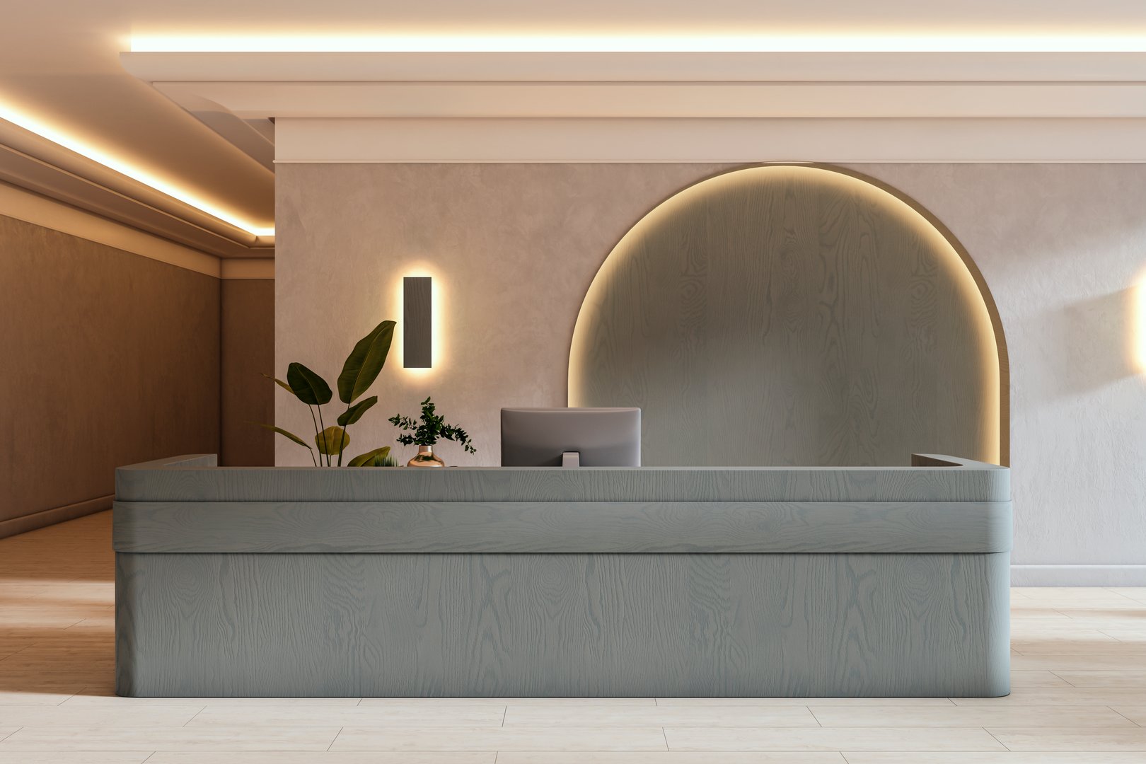 Stylish modern reception desk mockup in a minimal office interior with soft lighting, clean background, blank space for branding. 3D Rendering