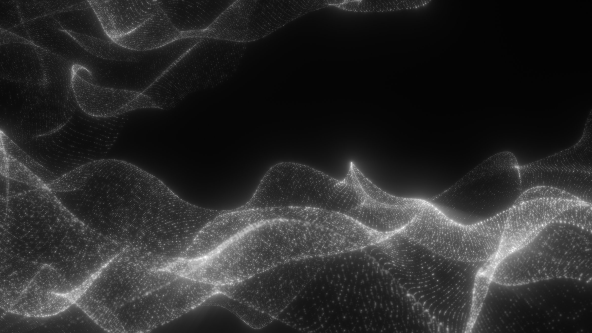 Soft monochrome particle waves forming smooth luminous digital surfaces in a dark abstract space.