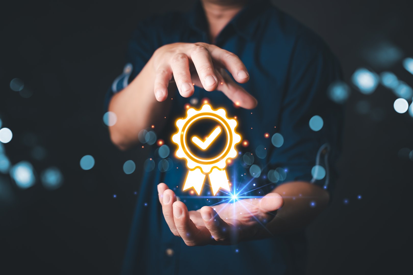 In a dark, futuristic setting, a businessman presents a glowing digital certificate icon with a checkmark and ribbon, symbolizing trust, certification, and quality assurance.