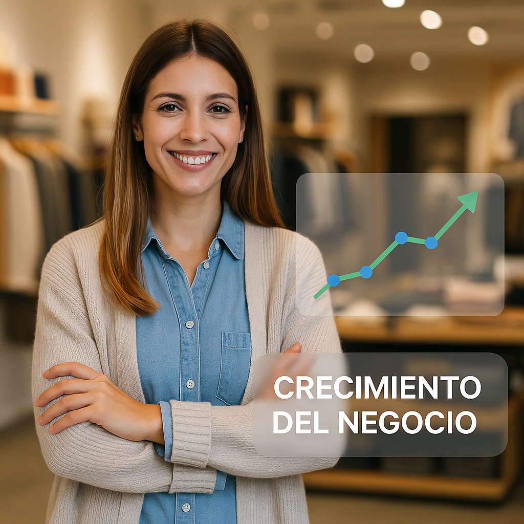 Smiling woman in a clothing store with "Crecimiento del negocio" text and growth chart graphic overlay.