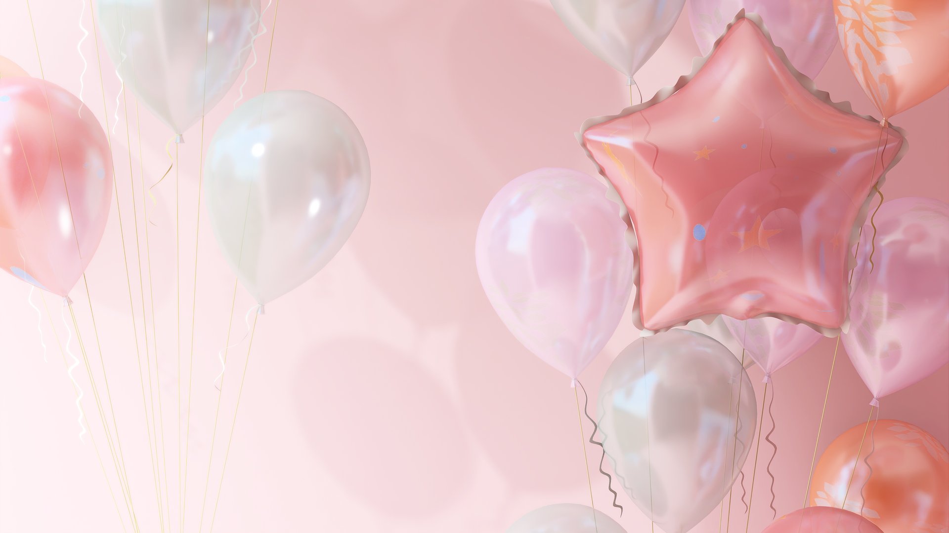 Floating pink, white, red balloons in sunlight, shadow on pink wall for luxury beauty, cosmetic, skincare, body care, fashion product display. Love, romantic, valentines day party. 3D