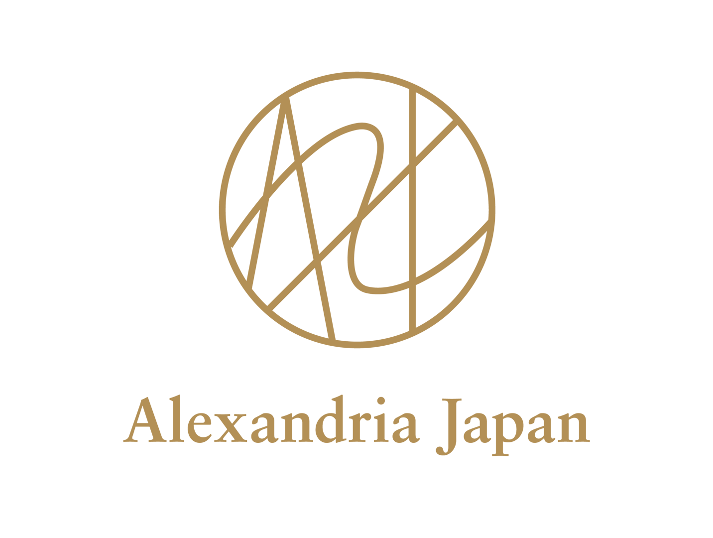 Logo with stylized initials inside a circle above the text Alexandria Japan on a green background.