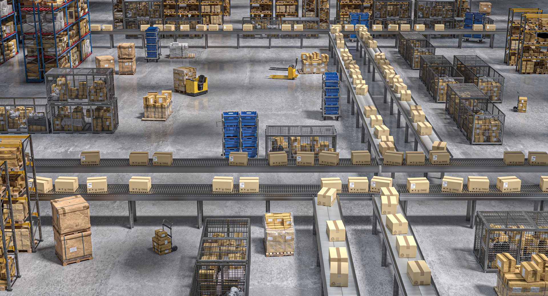 Cardboard boxes are moving on conveyor belts in a distribution warehouse