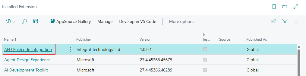 AFD Postcode Integration installed in Business Central