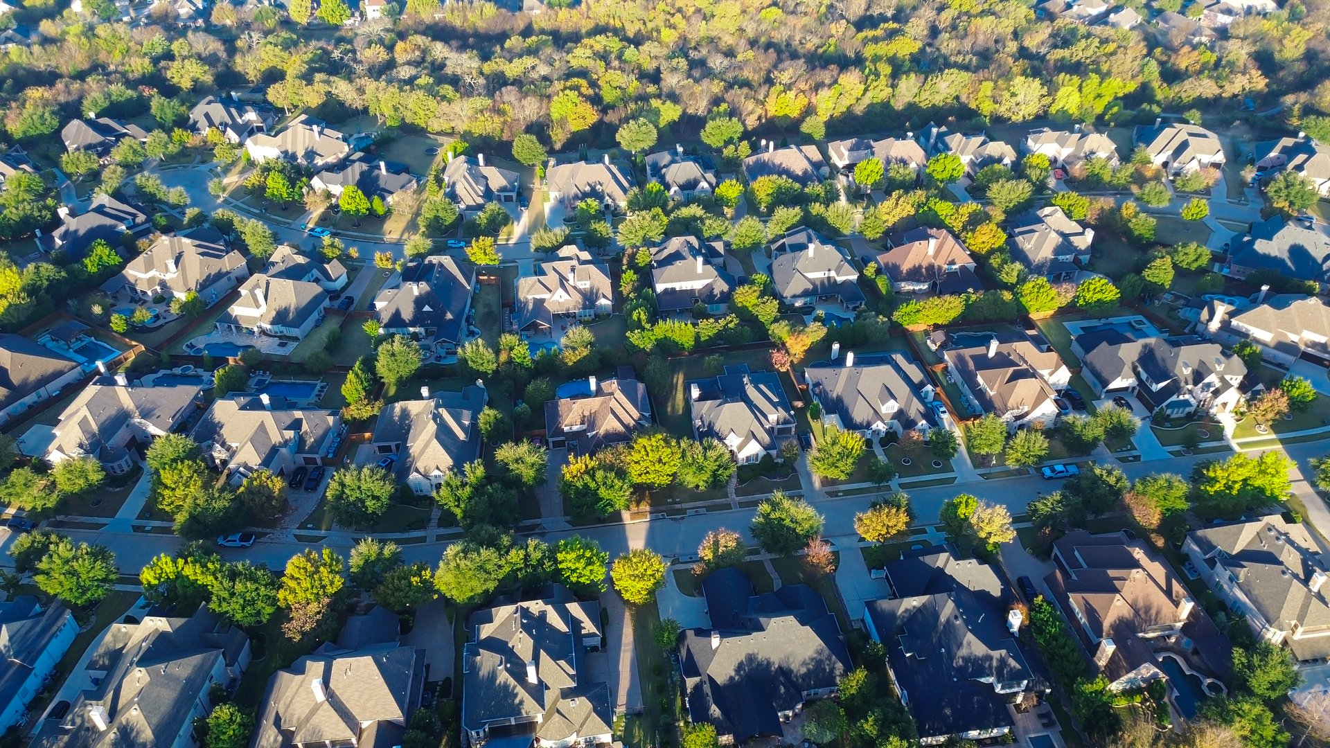 Wooded green buffer border suburban neighborhood in Denton County with curved streets, backyard pools, basketball courts, patios, adding privacy and natural contrast upscale area, Lantana, Texas. USA