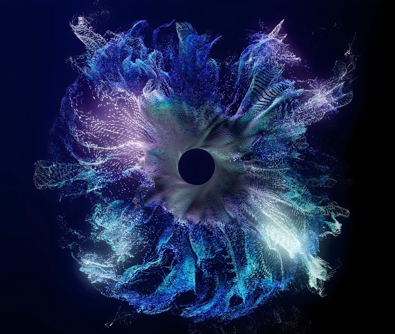 3d render of abstract art with surreal ring circle as fantasy flower emit small particles around in wavy liquid splash pattern in glowing neon blue and purple color on dark blue background