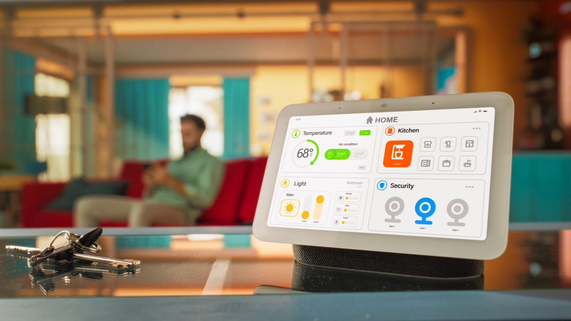 Creative Smart Home Device with Light Theme Infographics Shown on Display and Icons With Functions. Person using Smartphone to Control His stylish House. IOT Connected Wireless Intelligent System