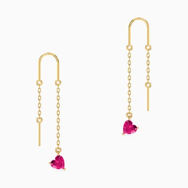 Gold chain earrings with pink heart-shaped gemstones, featuring a simple hook design.