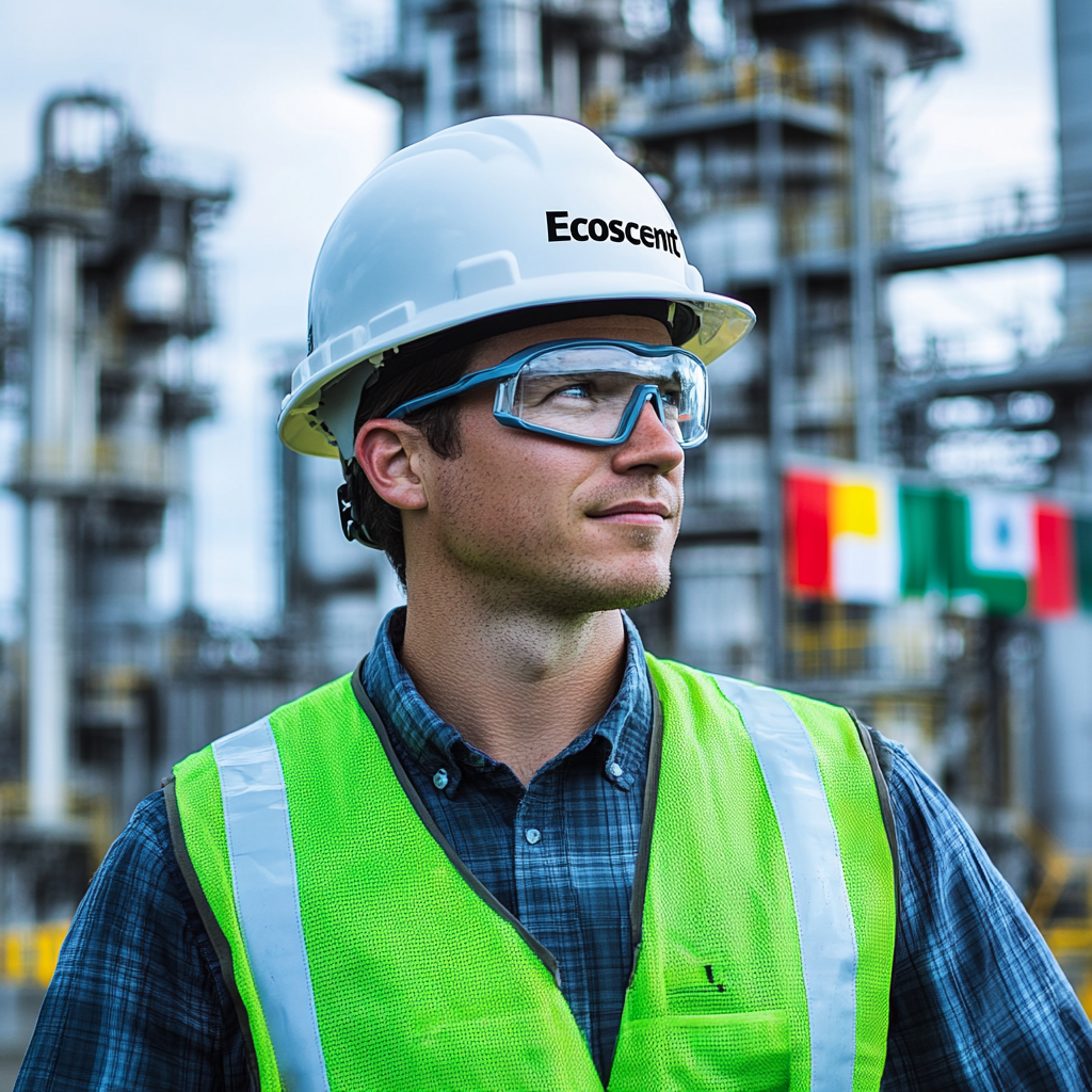 Confident industrial engineer wearing a white helmet showcasing advanced technology expertise