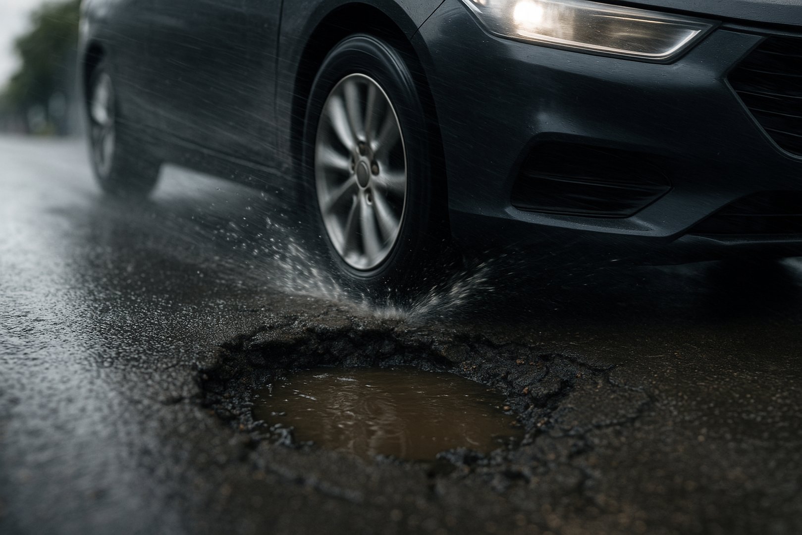A high-resolution, dynamic AI image of a moving vehicle's wheel at eye-level, approaching a large pothole filled with rainwater. Shot with a dramatic side-angle and shallow depth of field, the image captures motion, water splash, and road texture. Perfect for use in contexts involving auto repair, infrastructure issues, insurance, or seasonal driving conditions.