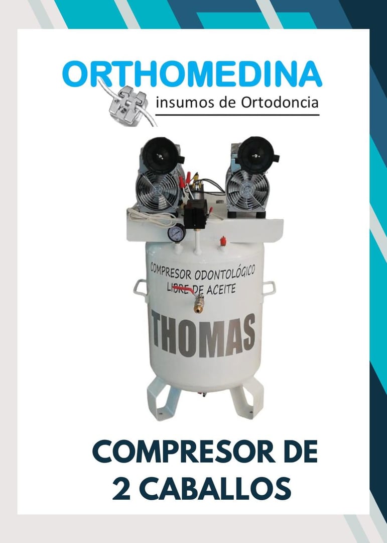 Dental compressor unit with dual motors, labeled THOMAS. Orthodontic supply branding at the top.