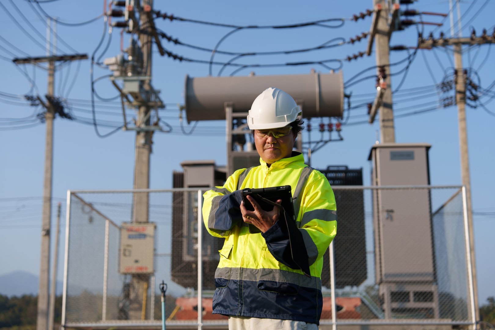An expert engineer is inspecting a high-voltage transformer in a remote rural area.(Photo)