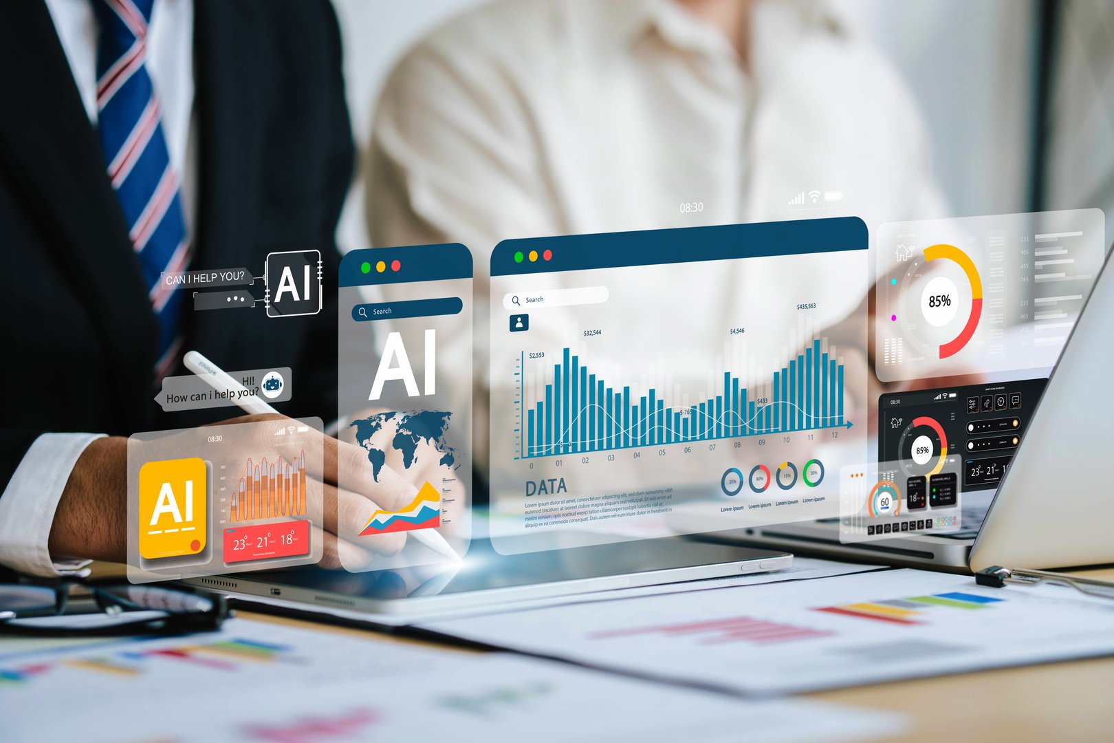 Business people analyze data and big data technology Two businessmen calculate business analysis and display images of complex data sets on a computer on the screen. artificial intelligence