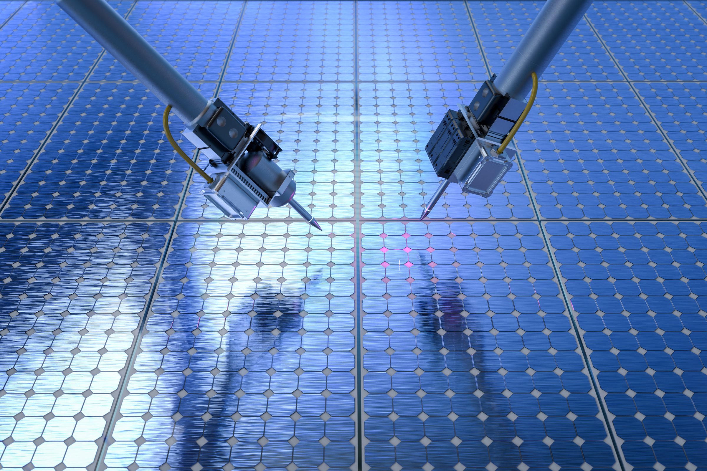 Automation industry with 3d rendering robot assembly line in solar panel factory