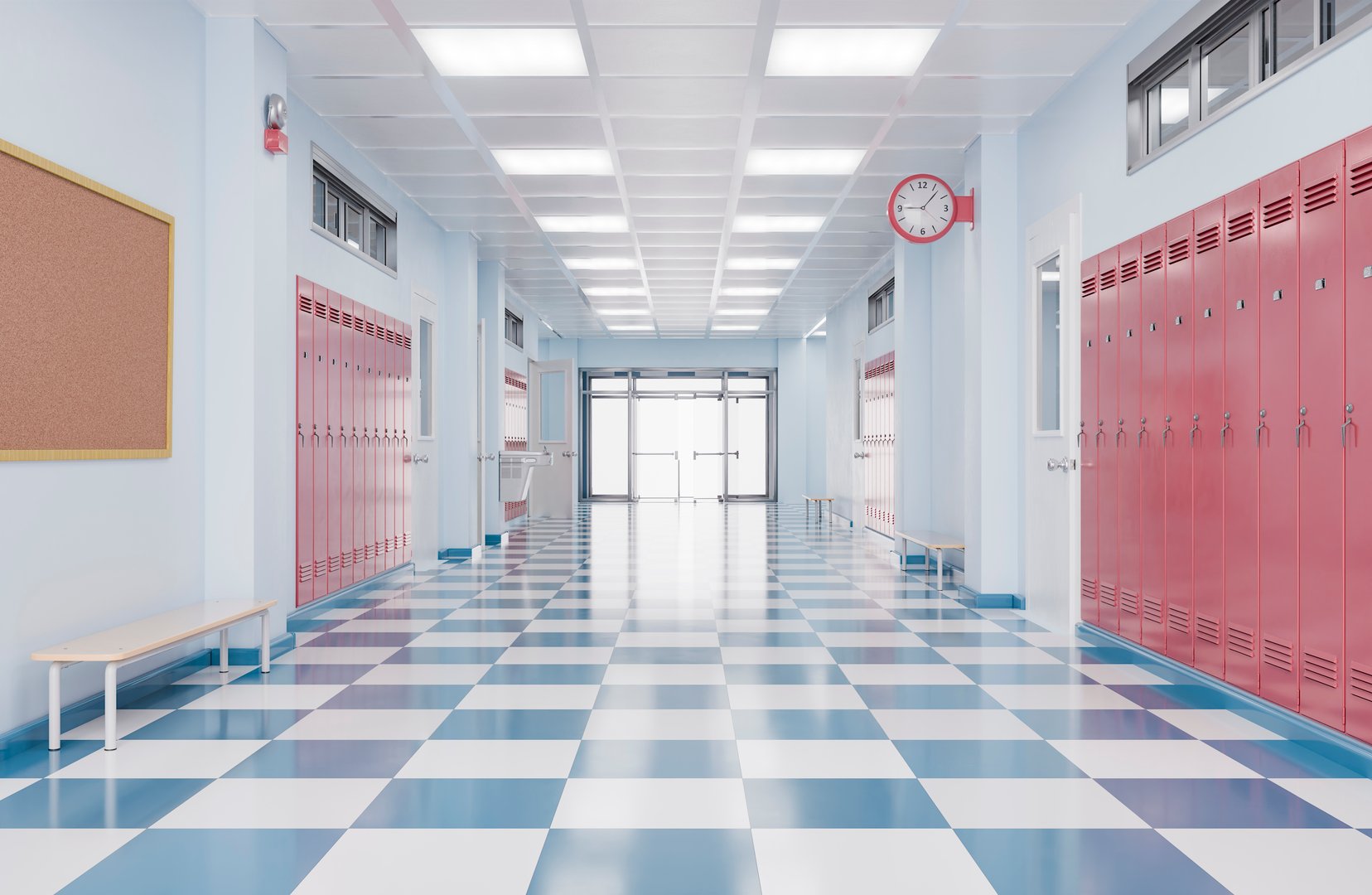 A clean, well-lit school hallway featuring rows of red lockers, checkered blue and white floor tiles, and a clock on the wall. Indoor education setting. Back to school concept. 3d rendering