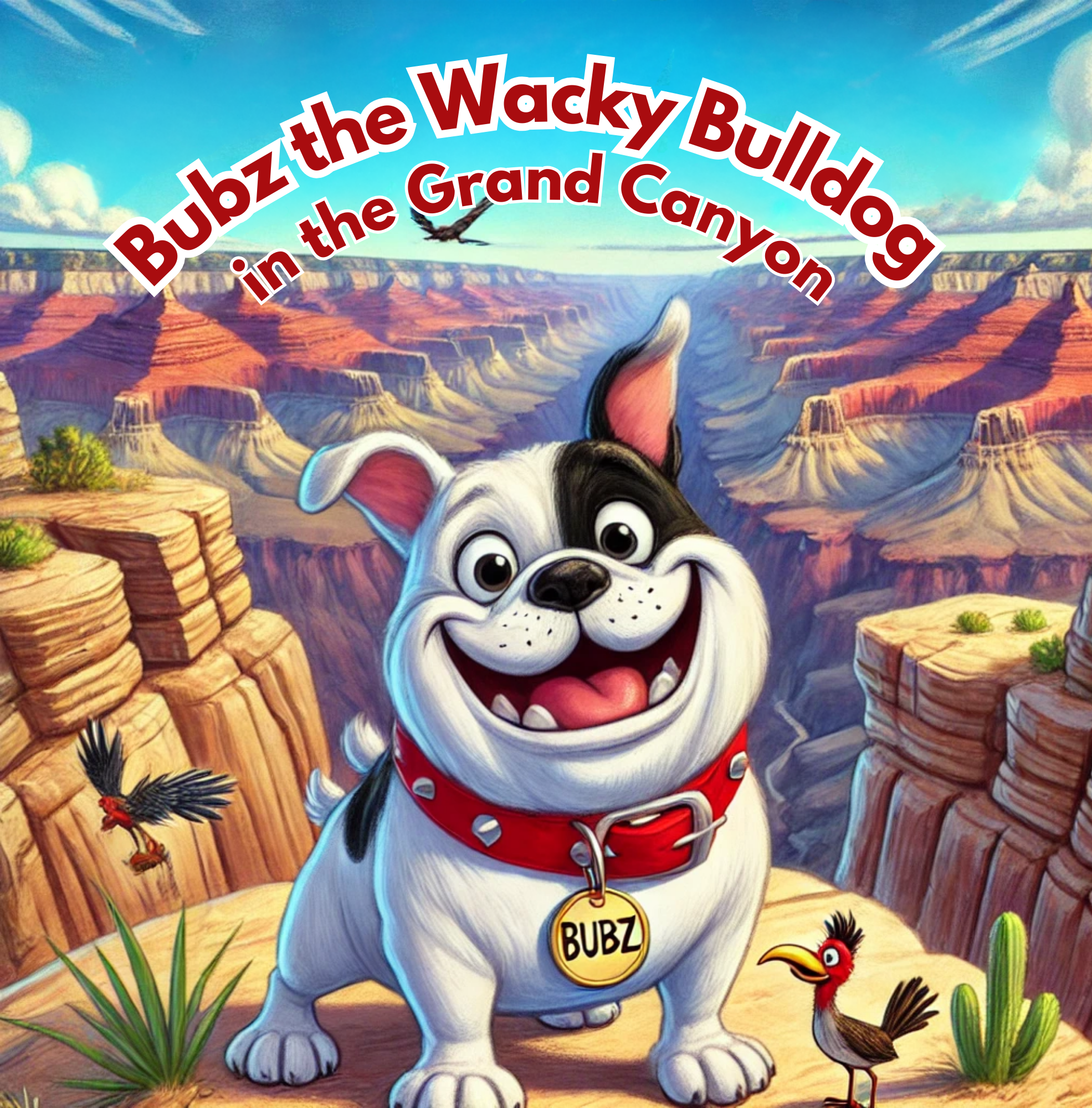 Cartoon bulldog with a red collar named Bubz smiling at the Grand Canyon, surrounded by birds and colorful scenery.