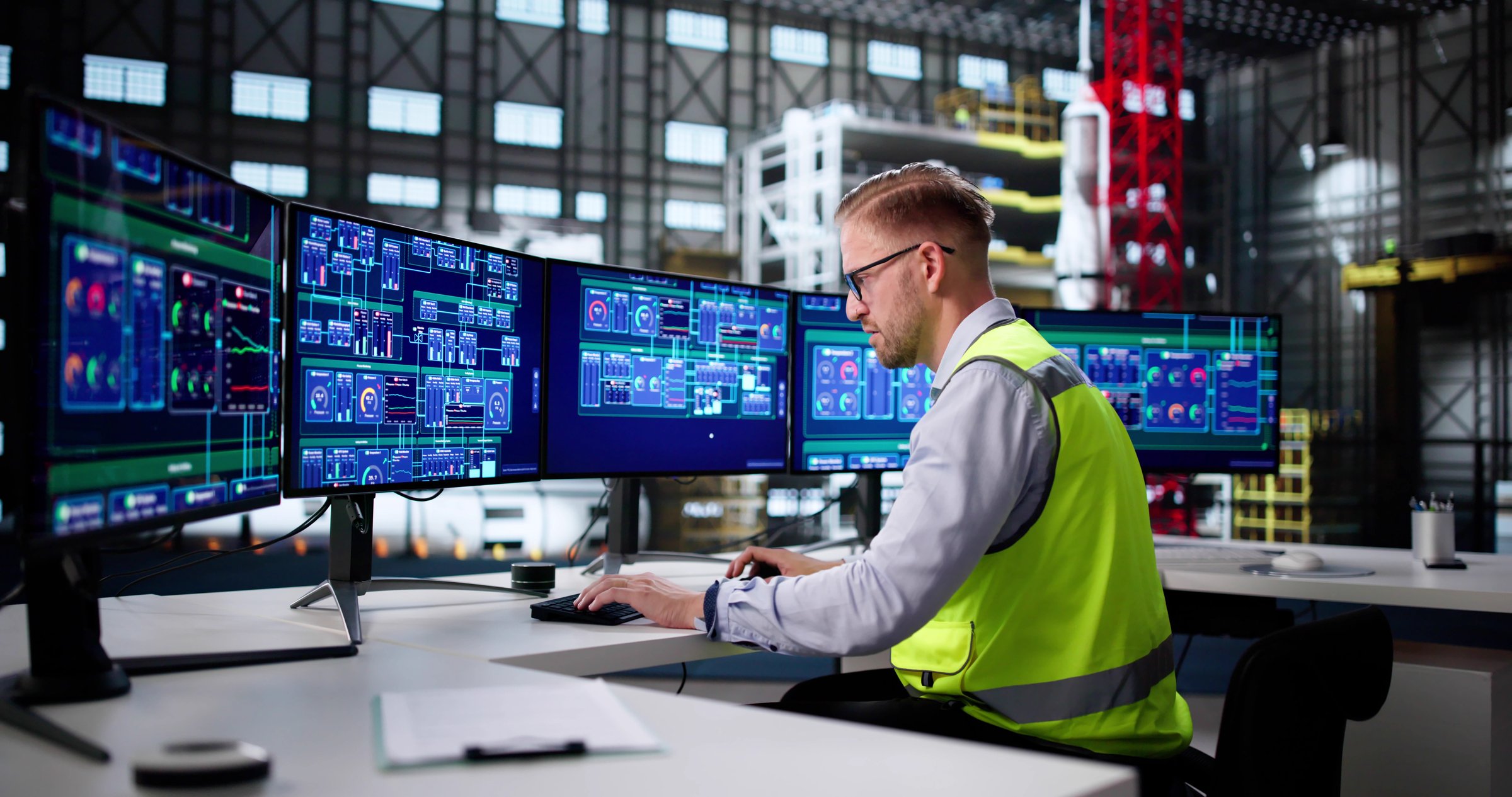 Industrial Engineer Operates SCADA System In High-Tech Factory Control Center