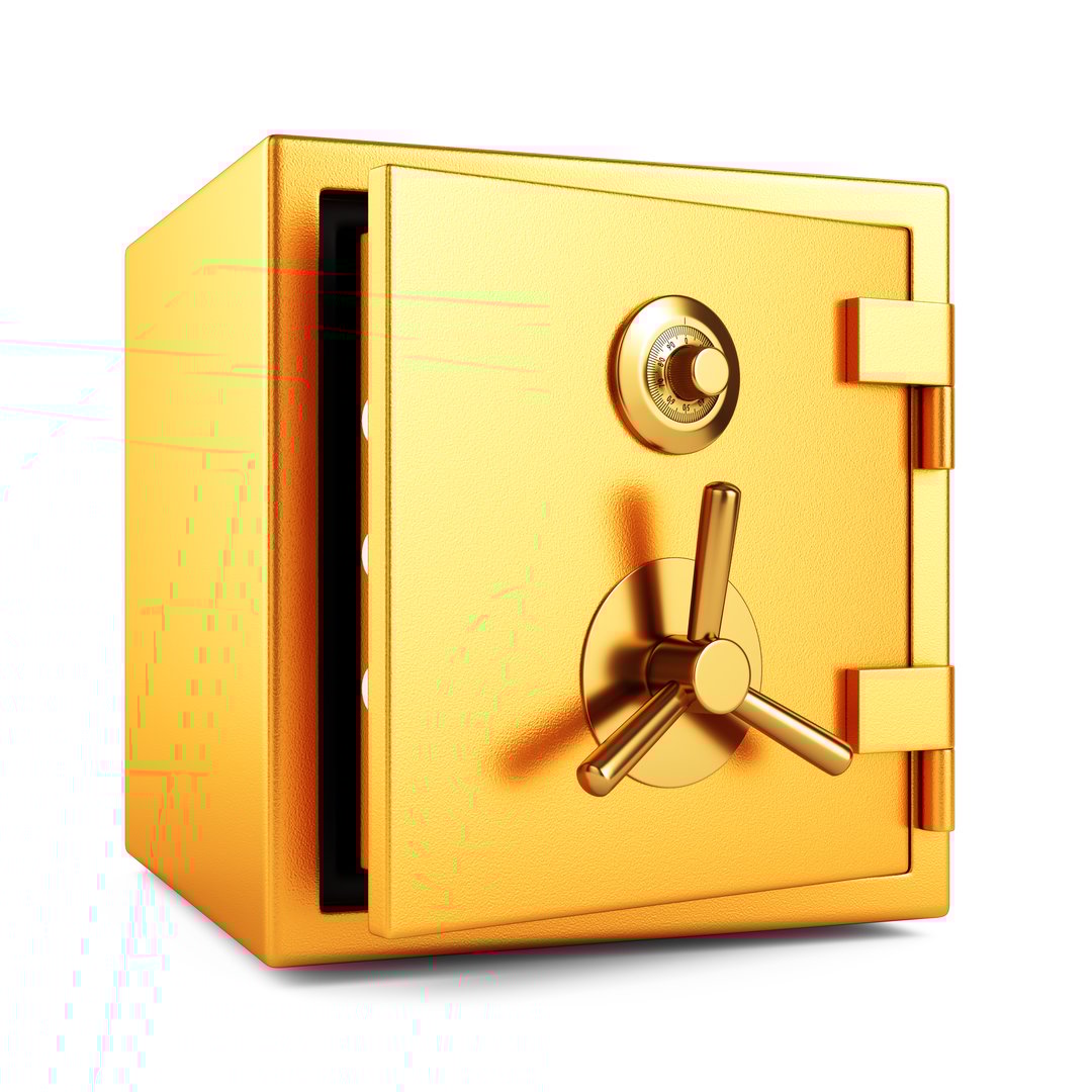 Open metal gold color bank security safe with dial code lock isolated on white background. 3D illustration