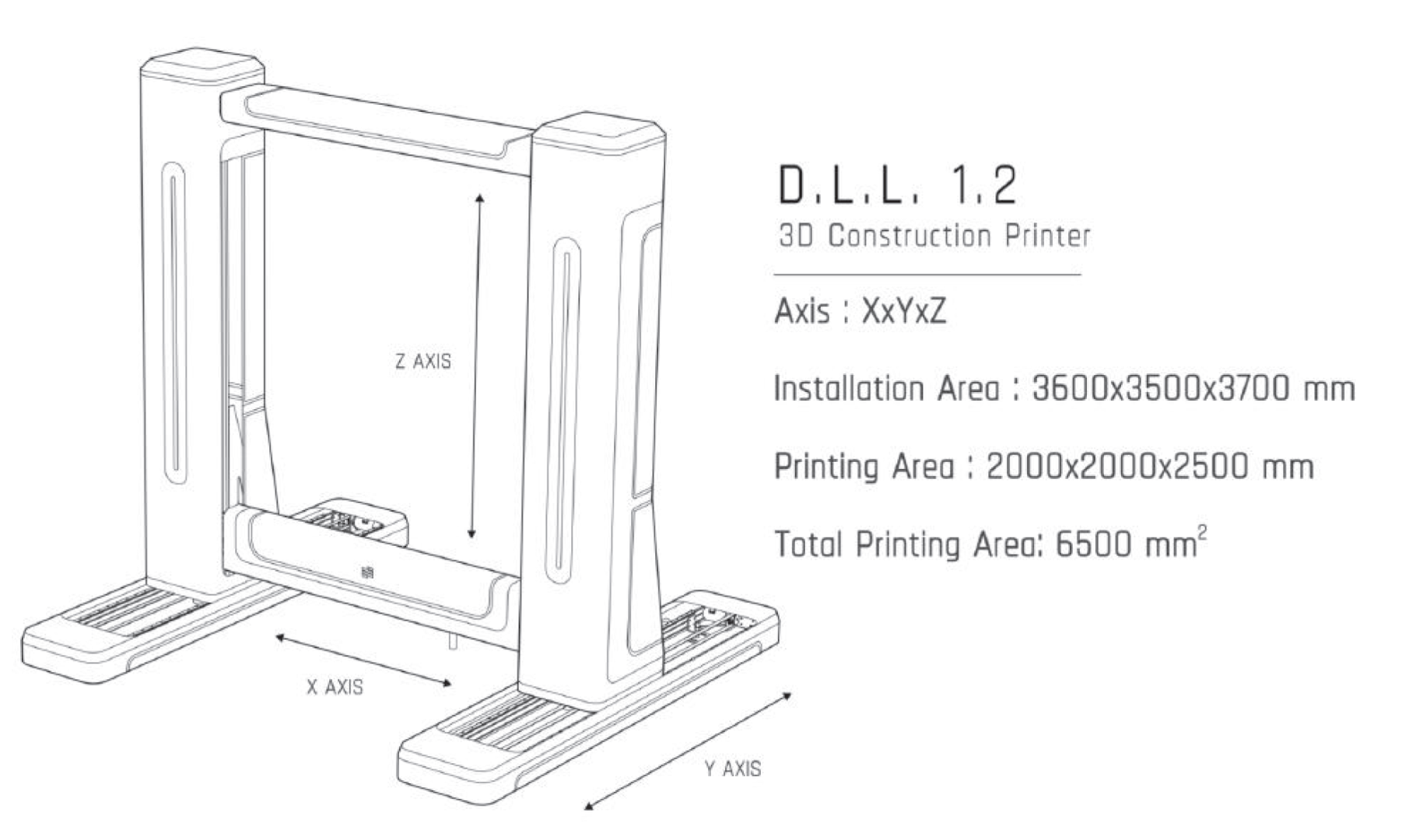 Illustration of D.I.L.L. 1.2 3D printer with dimensions: installation area 3600x3500x3700 mm, printing area 2000x2000x2500 mm.