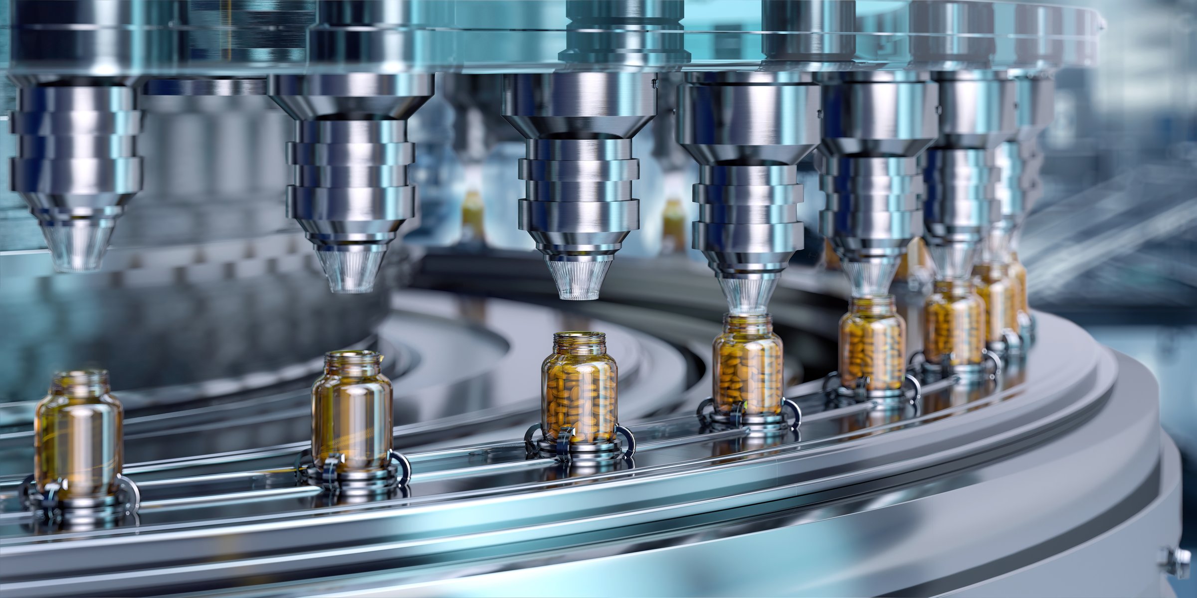 Automated tablet filling machine with glass bottles on a production conveyor line. Pharmaceutical industry, automation, drug manufacturing technology, healthcare supply chain, laboratory research, packaging process, medicine innovation, pharmacology, 3D illustration
