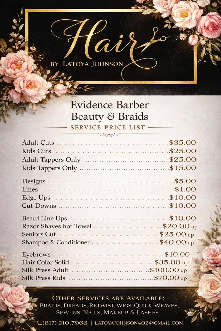 Evidence Barber and Beauty Full Price Menu