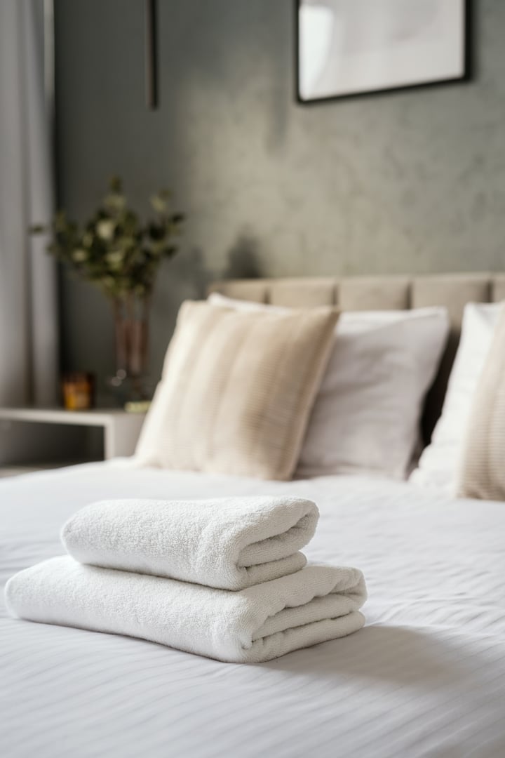 Bed neatly made with a white blanket and two folded towels on top of it. Concepts of guest bedroom with fresh bath textile for morning shower. Hospitality and room service, vertical shot