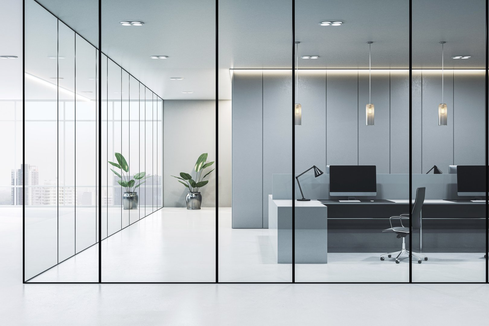 Sleek modern office interior with desks and computers behind glass partitions, minimalist furniture, white floor, and daylight city view. 3D Rendering