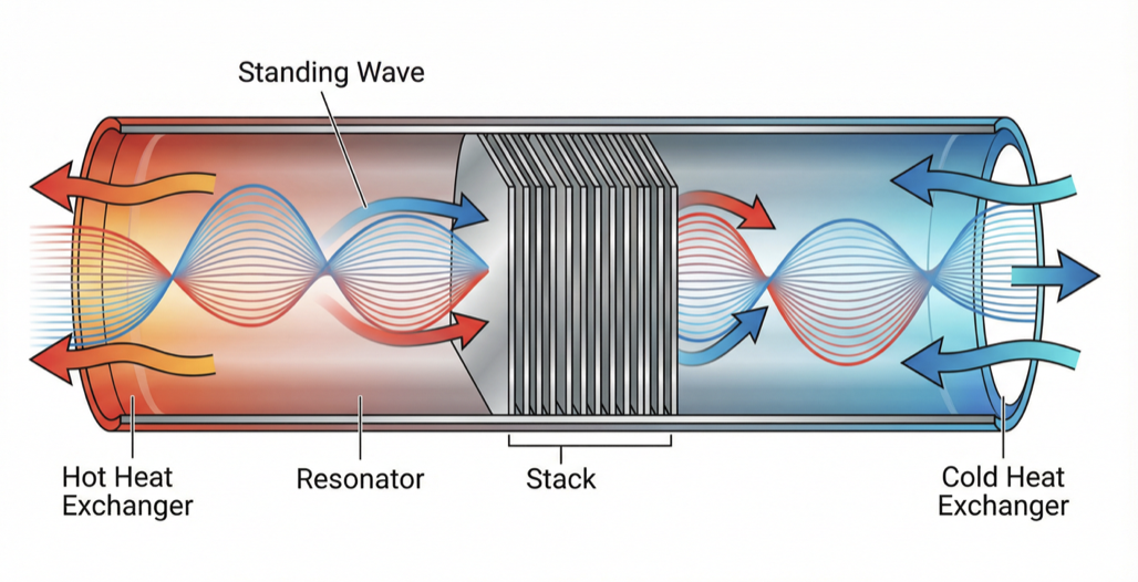 Thermoacoustic cooling system diagram showing resonator and heat exchanger components