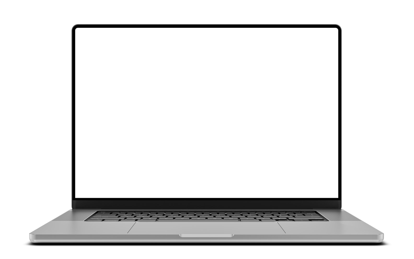 Laptop with an empty blank screen, displayed in front view. Perfect for showcasing designs, interfaces, or as a product mockup. CGI render