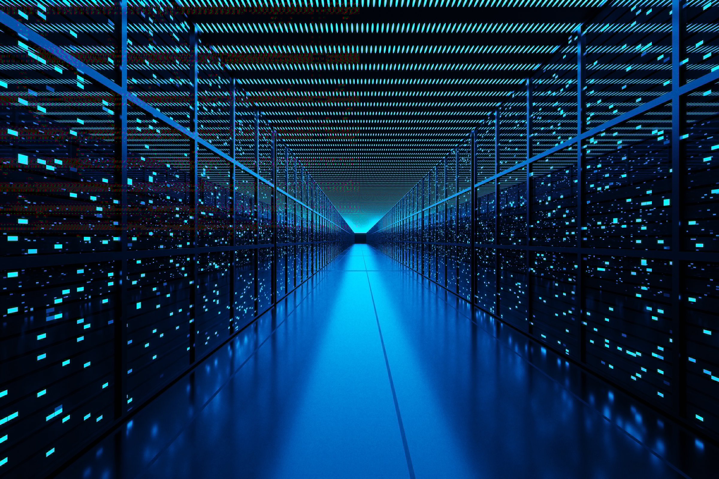 Server racks full of routers, switches and servers aligning on both sides of an aisle of a data center. Illustration of the concept of cloud computing and infrastructure as a service (IaaS)