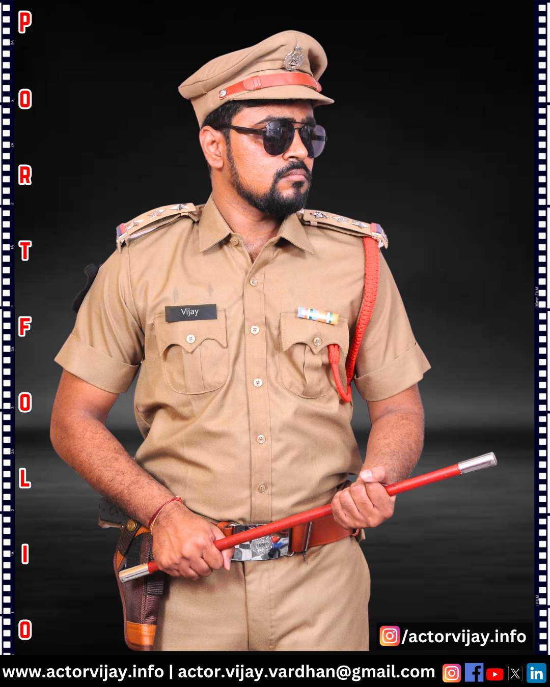 Man in police uniform holding a baton, wearing sunglasses, against a dark background with the word "Portfolio" alongside.