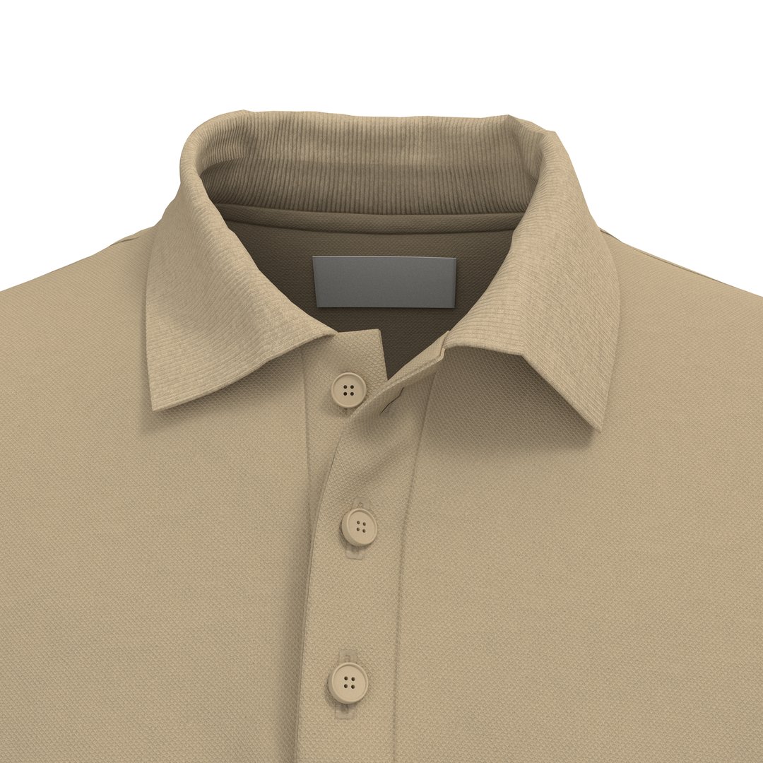 A realistic 3D render of a brand label mockup displayed on a polo shirt.
