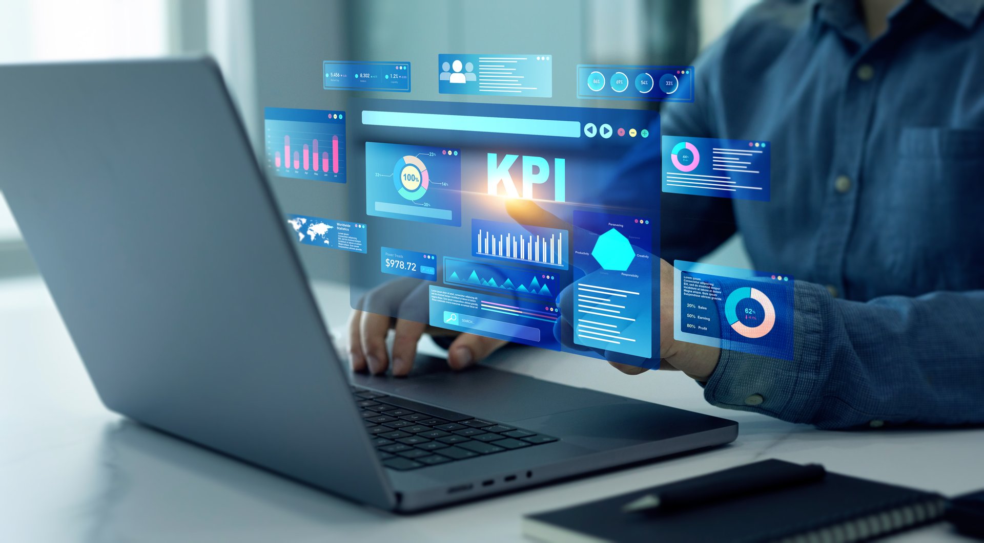 Data System KPI management connected in database for follow earnings,operations and sales data. Businessman using KPI dashboard.Financial business data analytics graph dashboard