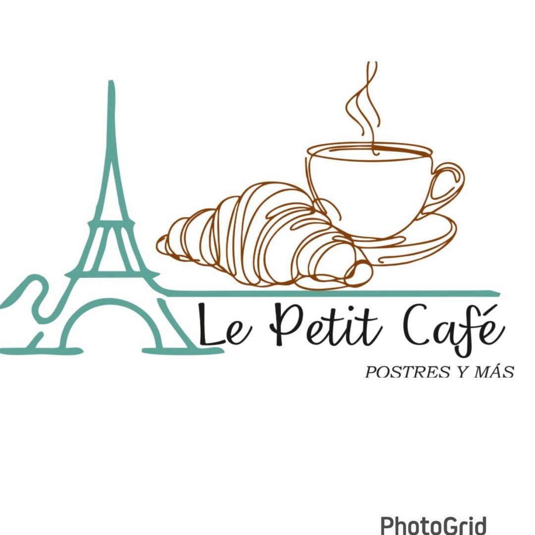 Logo with Eiffel Tower outline, croissant, coffee cup, and text Le Petit Café Postres y Más.