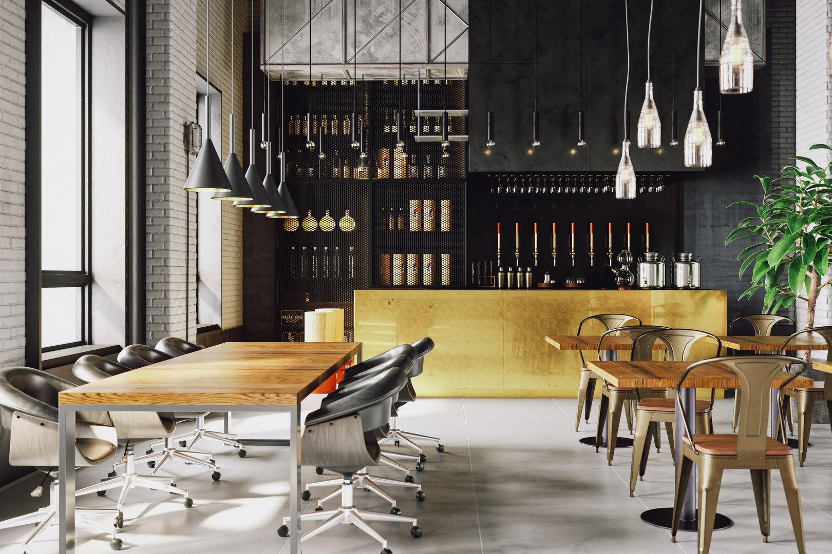 Modern cafe interior featuring industrial decor with a mix of metal and wood furniture.