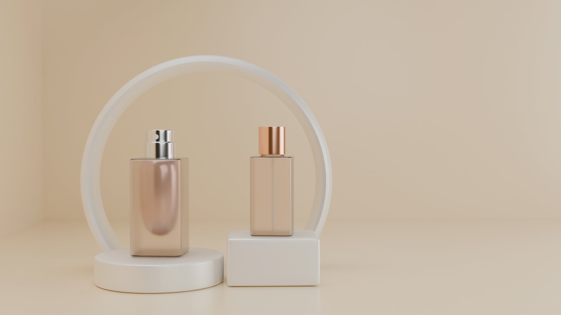 3D model of two beige perfume bottles on a pedestal on a beige background, perfumery and cosmetics