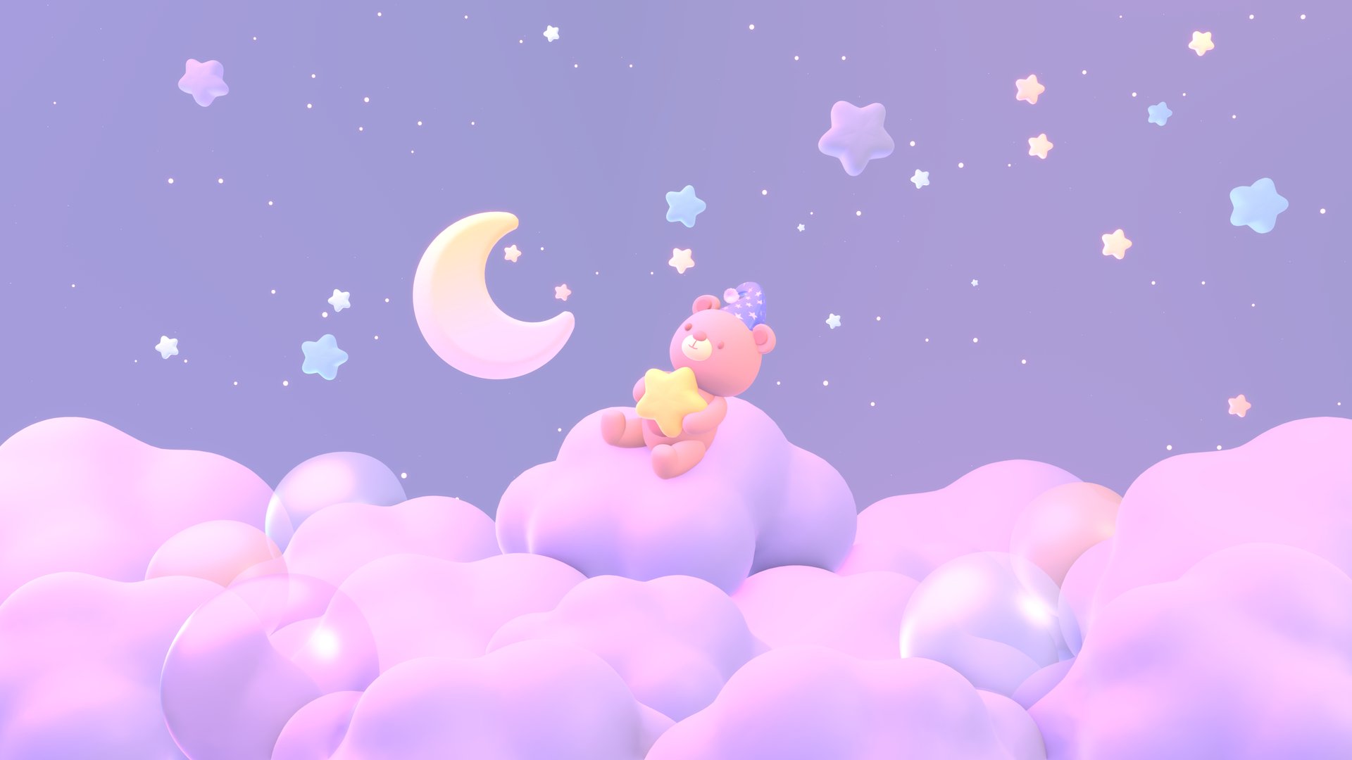 3D render cute and adorable cartoon bear with a nightcap sits on clouds at night.