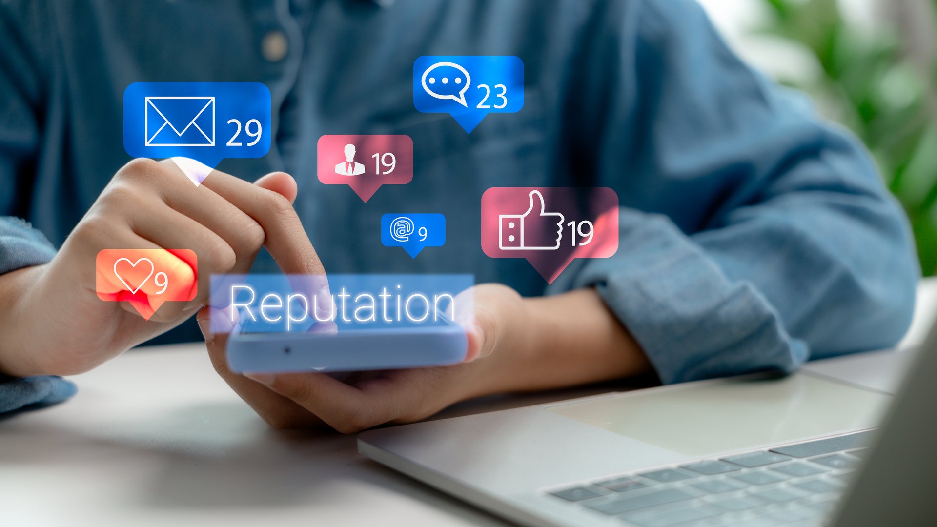 Person using smartphone with social media icons and Reputation hologram. Concept of online reputation management, customer feedback, and digital marketing strategy.