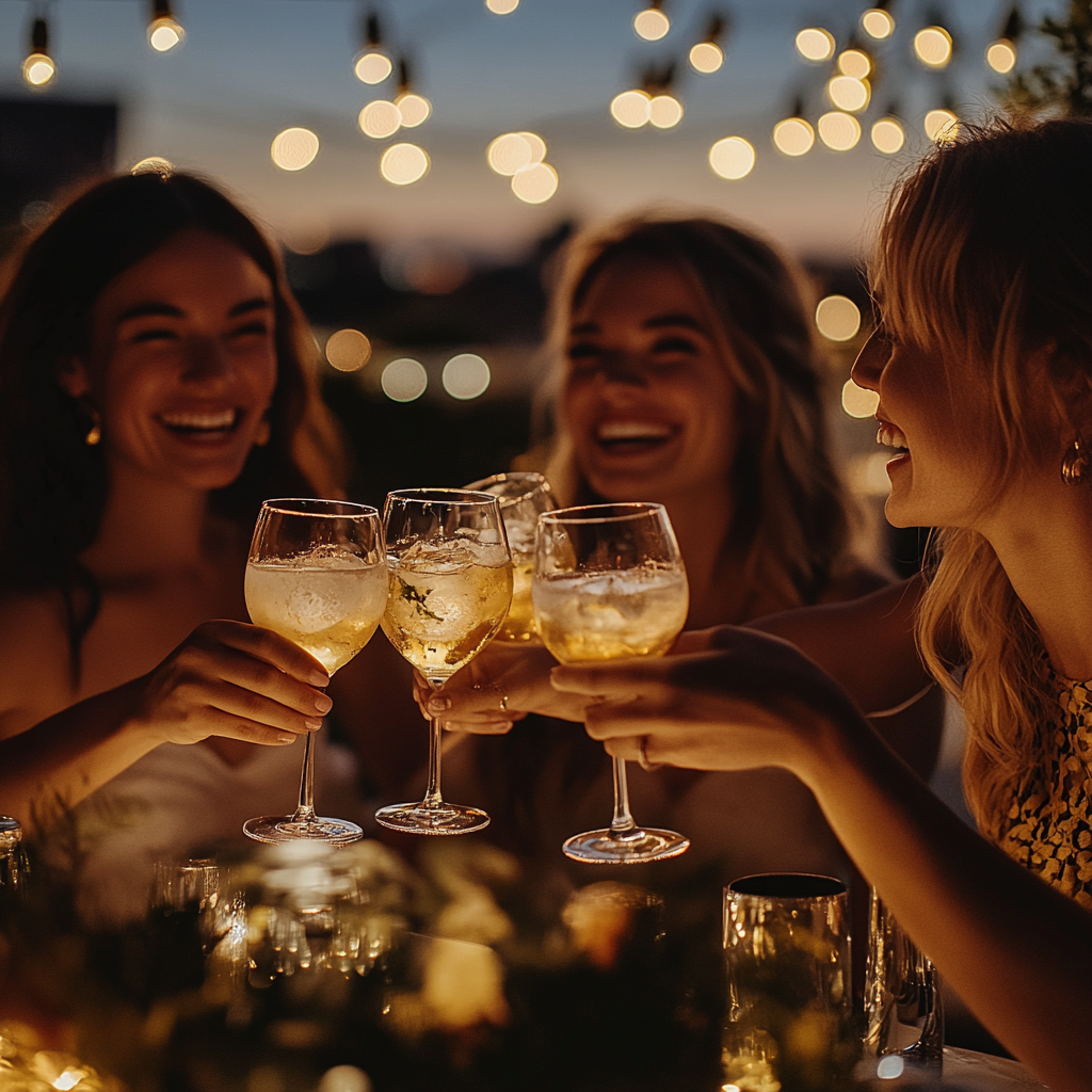 Three women cheerfully clinking glasses at an outdoor evening gathering with festive string lights overhead.