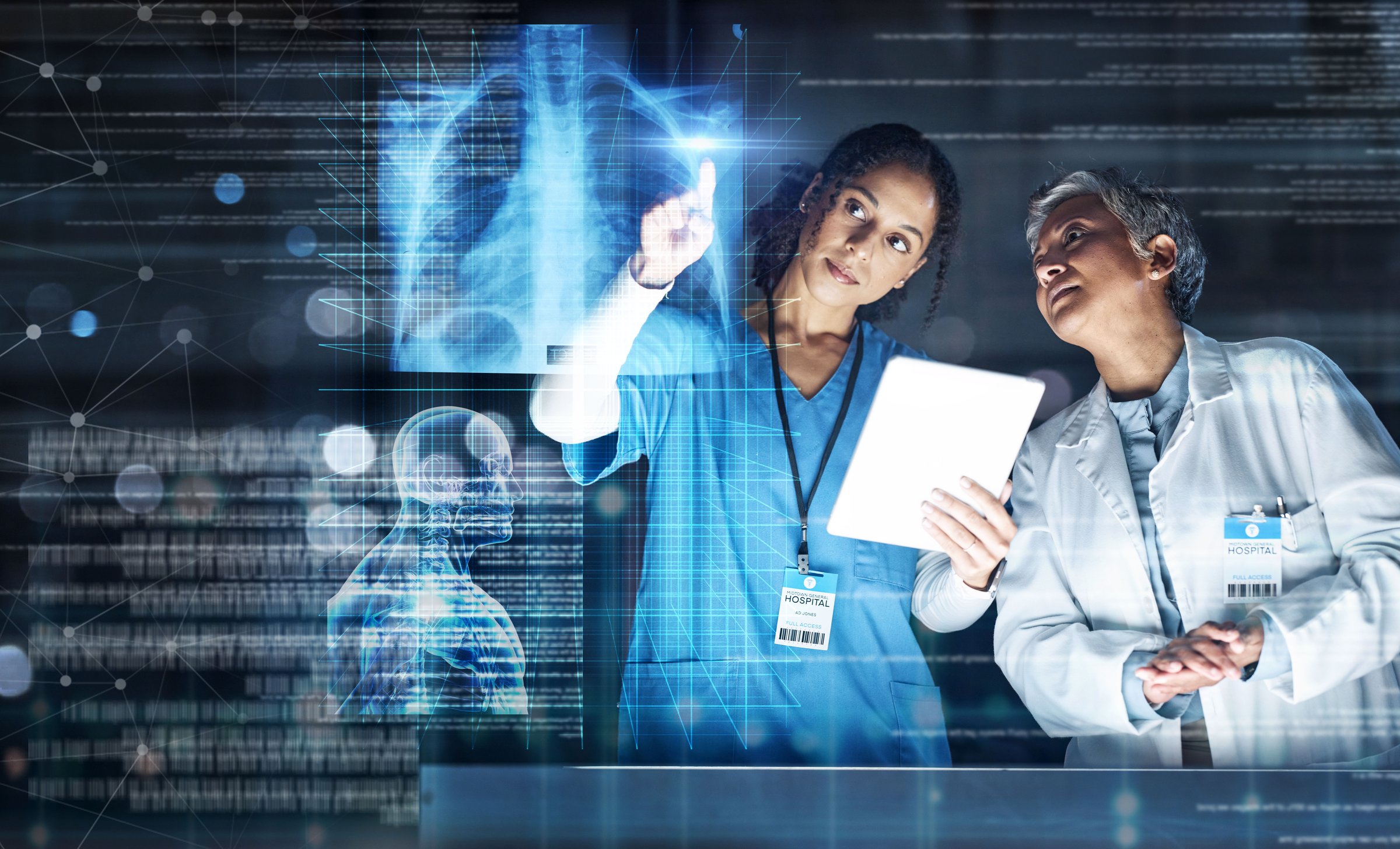 Doctors, healthcare or technology with lungs hologram in tuberculosis, cancer or heart analytics in night hospital collaboration. Futuristic, abstract or breathing organ on tablet for thinking women