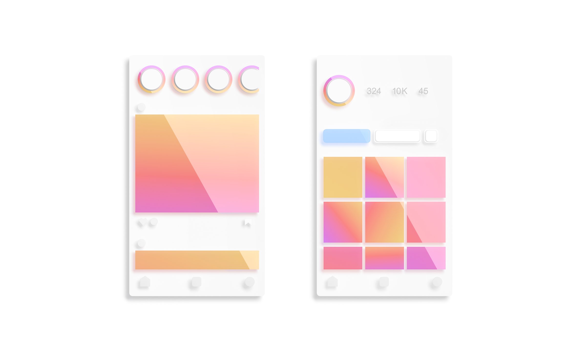 Content grid photo app post and profile interface frame mockup, 3d rendering. Account and followers media feed viewing on online page. User panel with photo and video blog template.