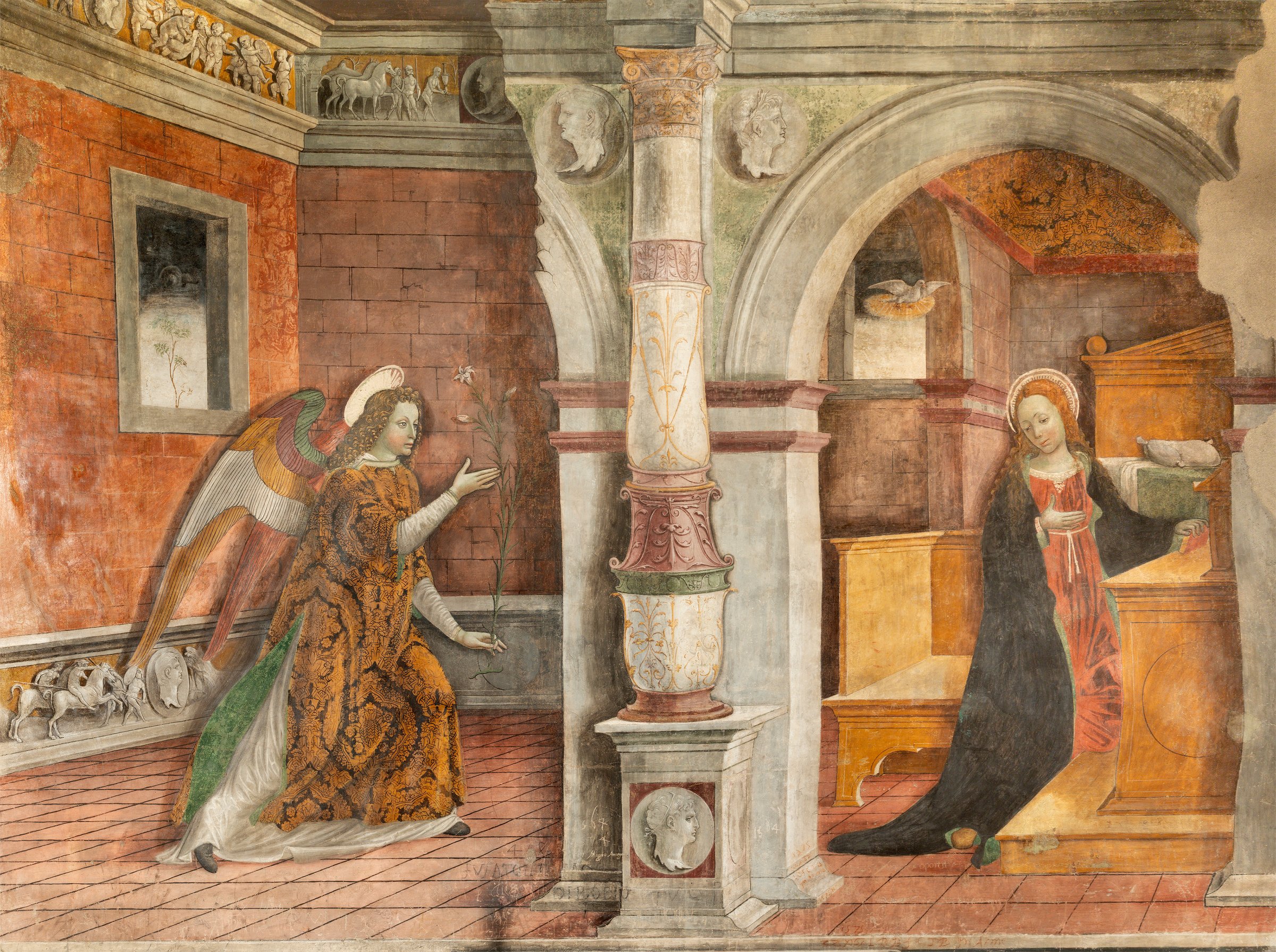 Bobbio - The renaissance fresco of Annunciation in the Cathedral (Santa Maria Assunta) by Bartolomeo Bonone from end of 15. cent.