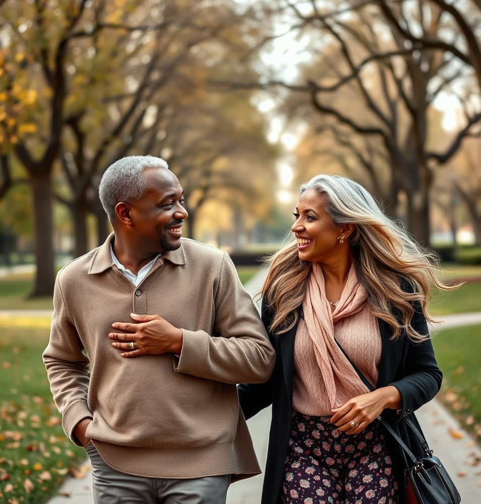 Smiling couple walking hand in hand in a park with autumn foliage.