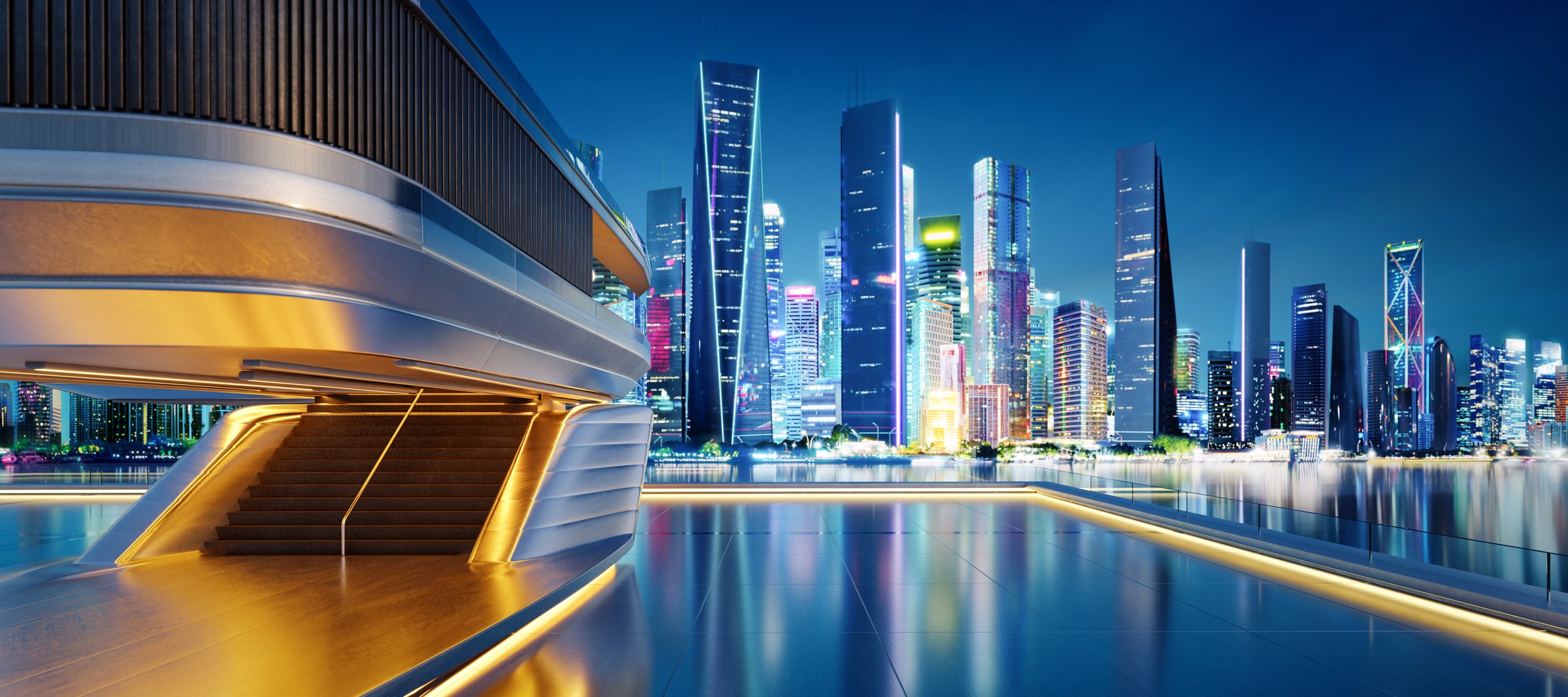 Modern architecture meets vibrant cityscape in this stunning night view. 3D rendering
